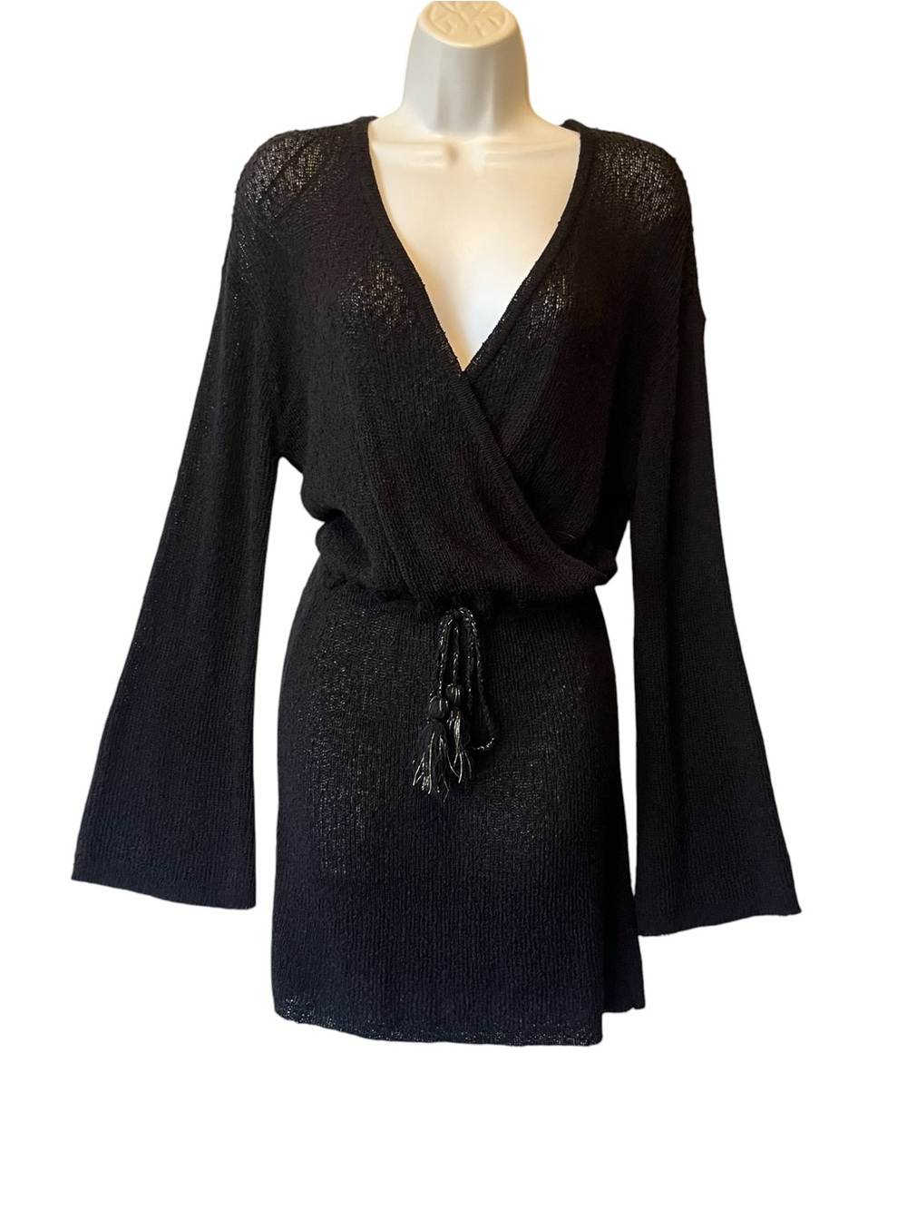 L Space Topanga Swim Coverup dress M Black NWT Long bell sleeves Knit Womens